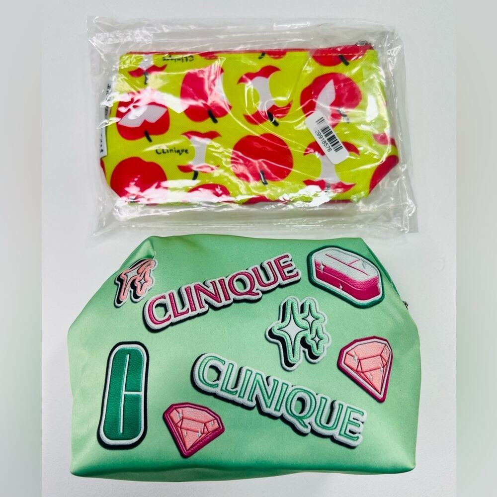 🆕 NWOT Clinique Cosmetic Makeup Bag Bundle Skincare Zipper Apples Jewels Stones